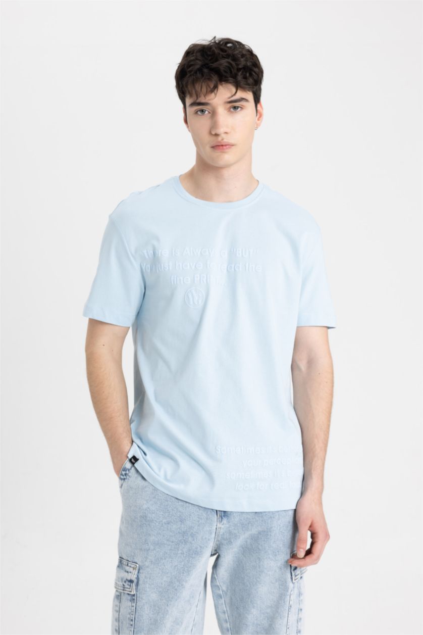 Man Blue Regular Fit Crew Neck Printed Short Sleeve T-Shirt
