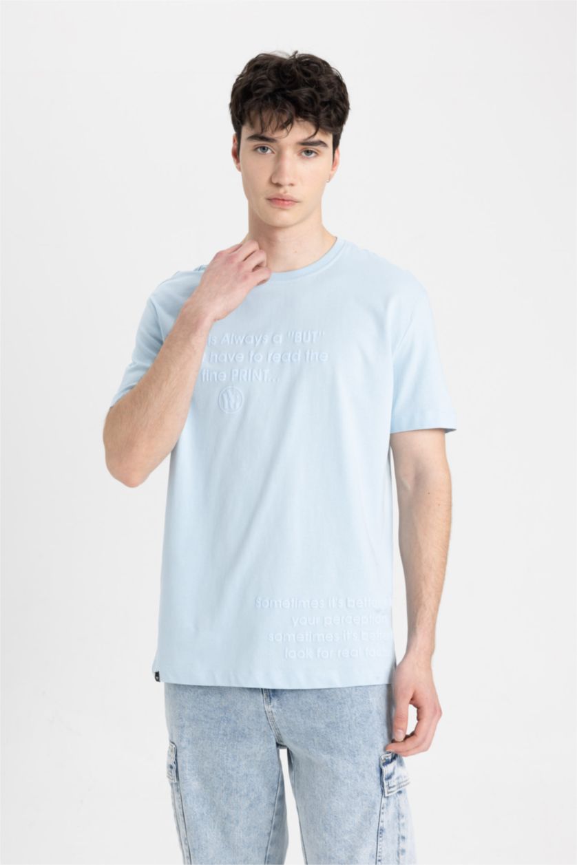 Man Blue Regular Fit Crew Neck Printed Short Sleeve T-Shirt