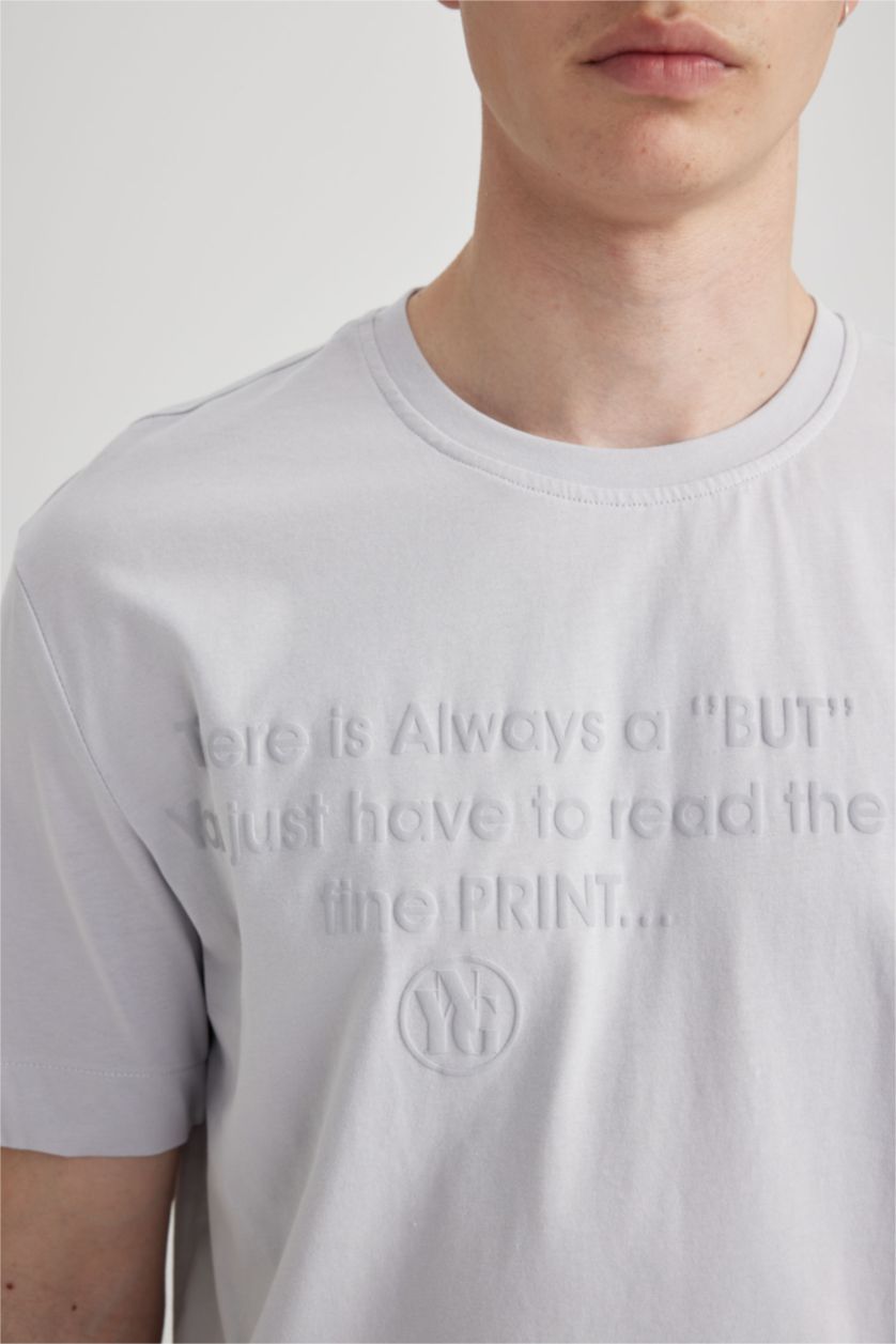 Erkek Açık Gri Regular Fit Bisiklet Yaka Baskılı Kısa Kollu Tişört