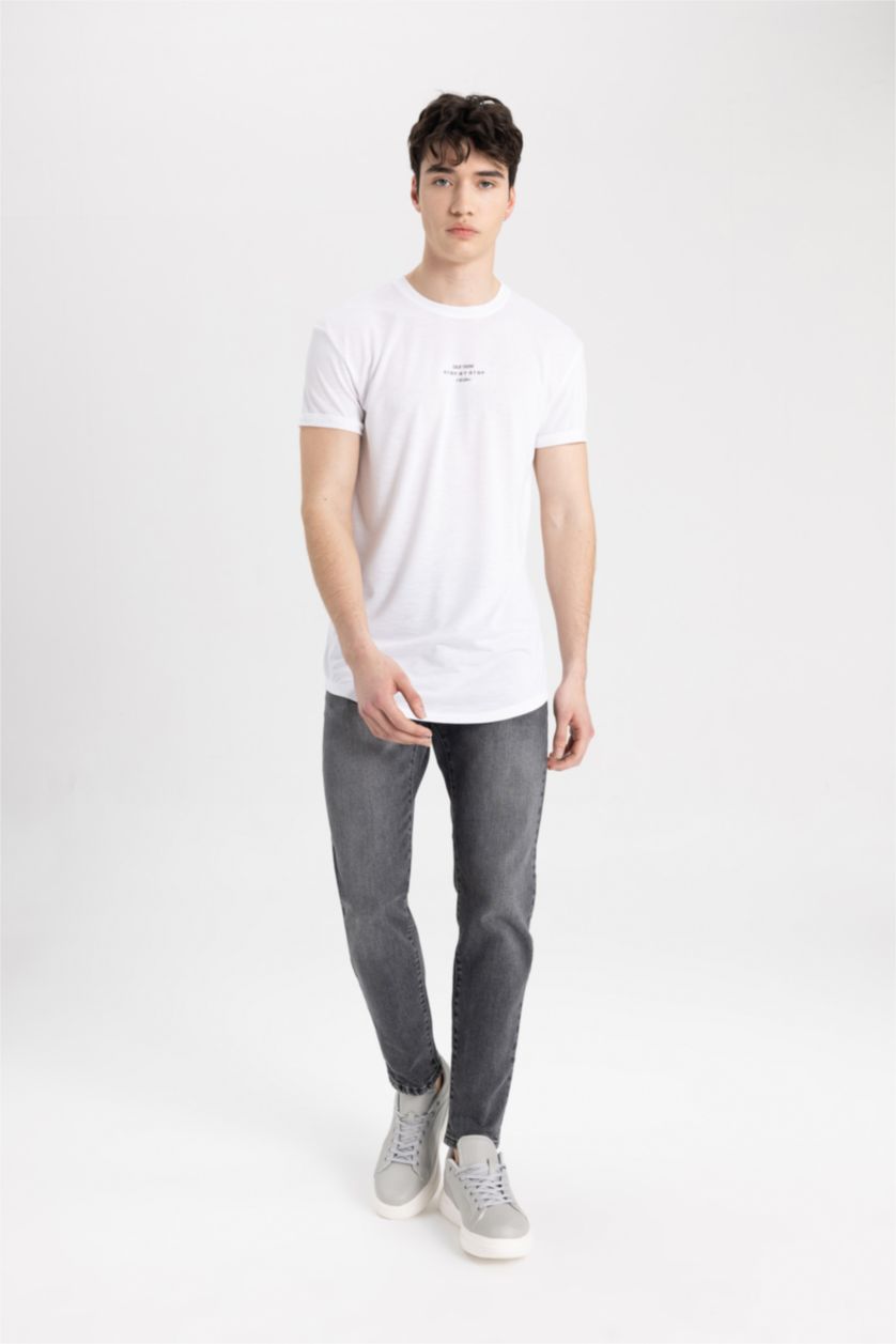 Erkek Beyaz Long Muscle Fit Bisiklet Yaka Baskılı Kısa Kollu Tişört