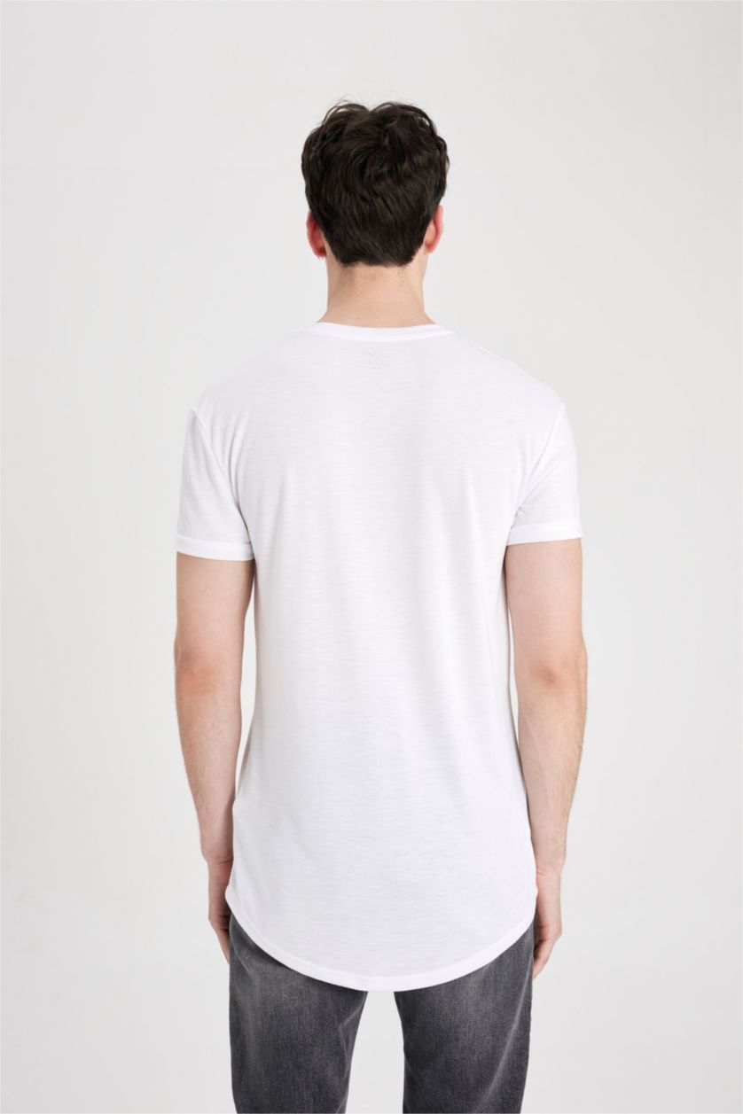 Erkek Beyaz Long Muscle Fit Bisiklet Yaka Baskılı Kısa Kollu Tişört