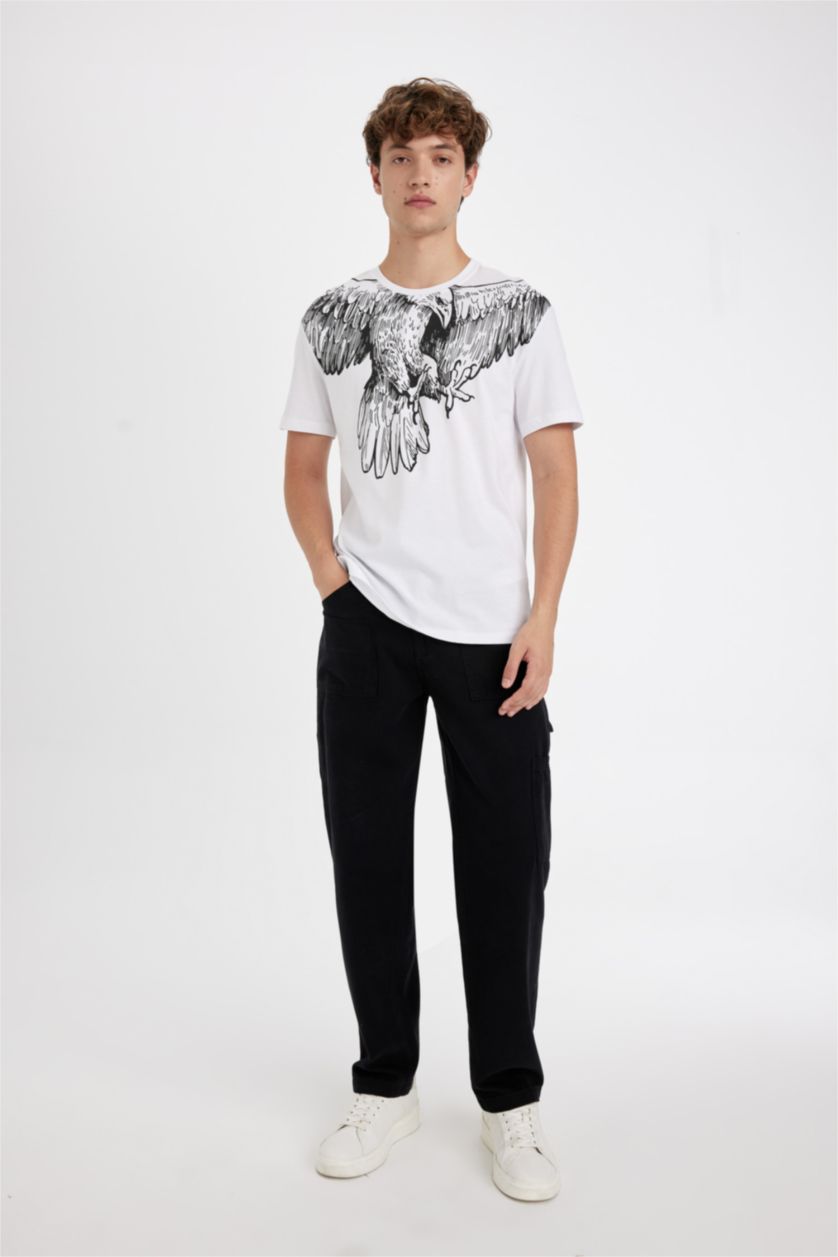 Erkek Beyaz Regular Fit Bisiklet Yaka Baskılı Kısa Kollu Tişört