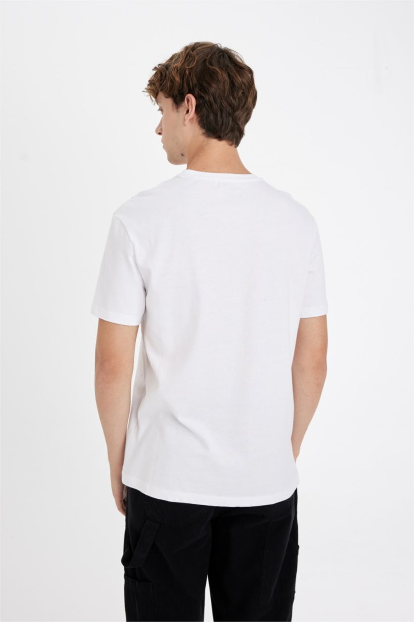 Erkek Beyaz Regular Fit Bisiklet Yaka Baskılı Kısa Kollu Tişört