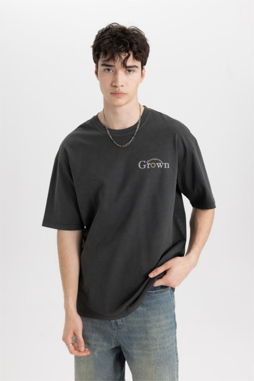 Erkek Antrasit Comfort Regular Fit Rahat Kalıp Bisiklet Yaka Sırt Baskılı Kısa Kollu Tişört