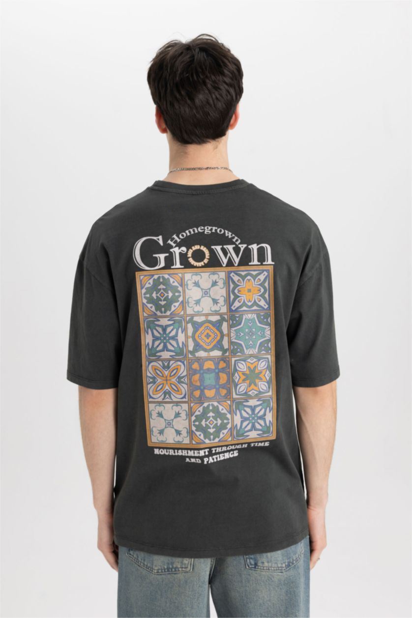 Erkek Antrasit Comfort Regular Fit Rahat Kalıp Bisiklet Yaka Sırt Baskılı Kısa Kollu Tişört