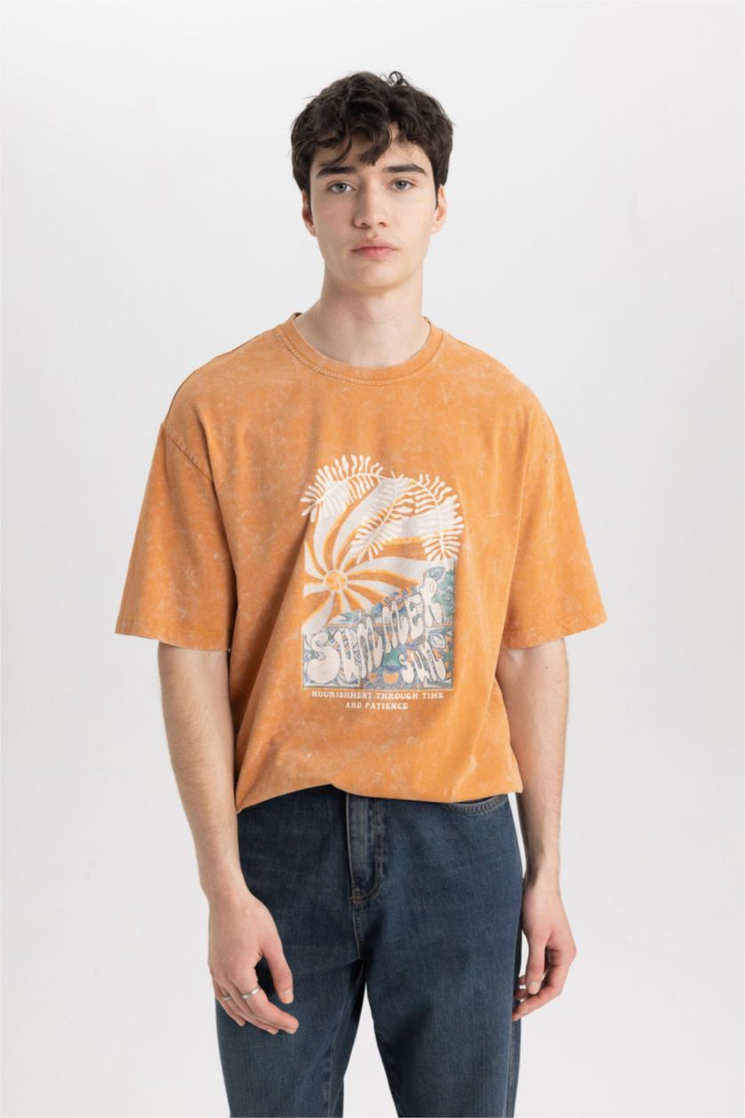 MAN Dark Orange Comfort Regular Fit Relaxed Fit Crew Neck Printed T-Shirt