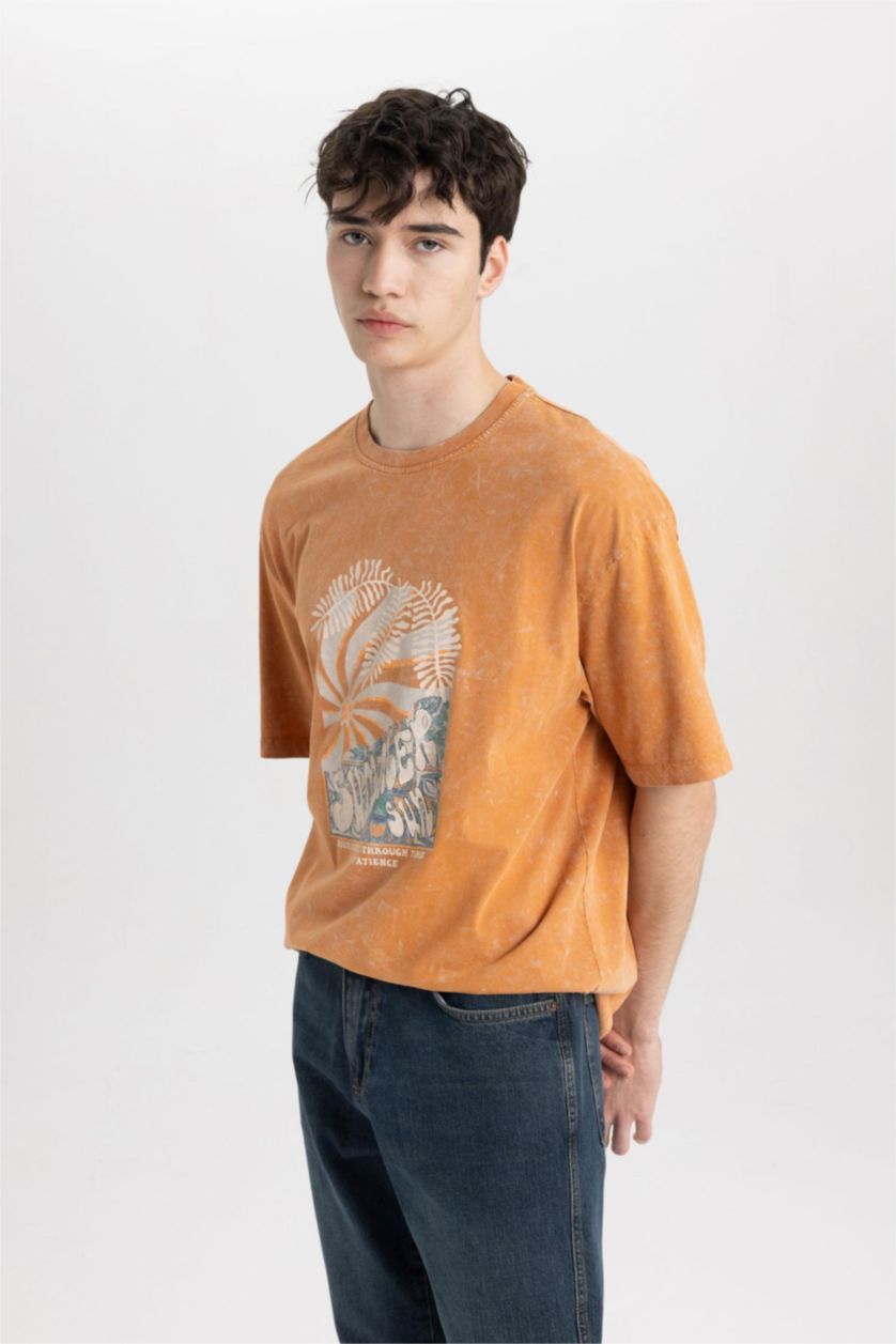 MAN Dark Orange Comfort Regular Fit Relaxed Fit Crew Neck Printed T-Shirt