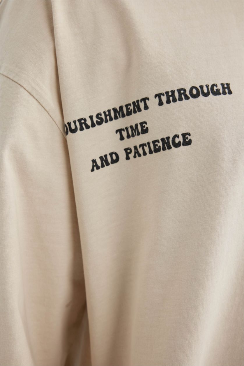 Erkek Bej Loose Fit Bisiklet Yaka Sırt Baskılı Kısa Kollu Tişört