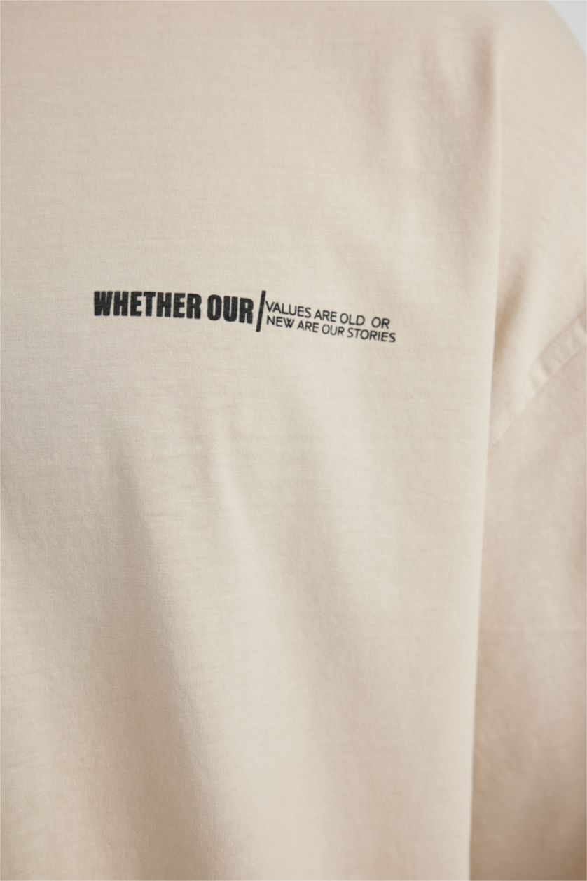 Erkek Bej Loose Fit Bisiklet Yaka Sırt Baskılı Kısa Kollu Tişört