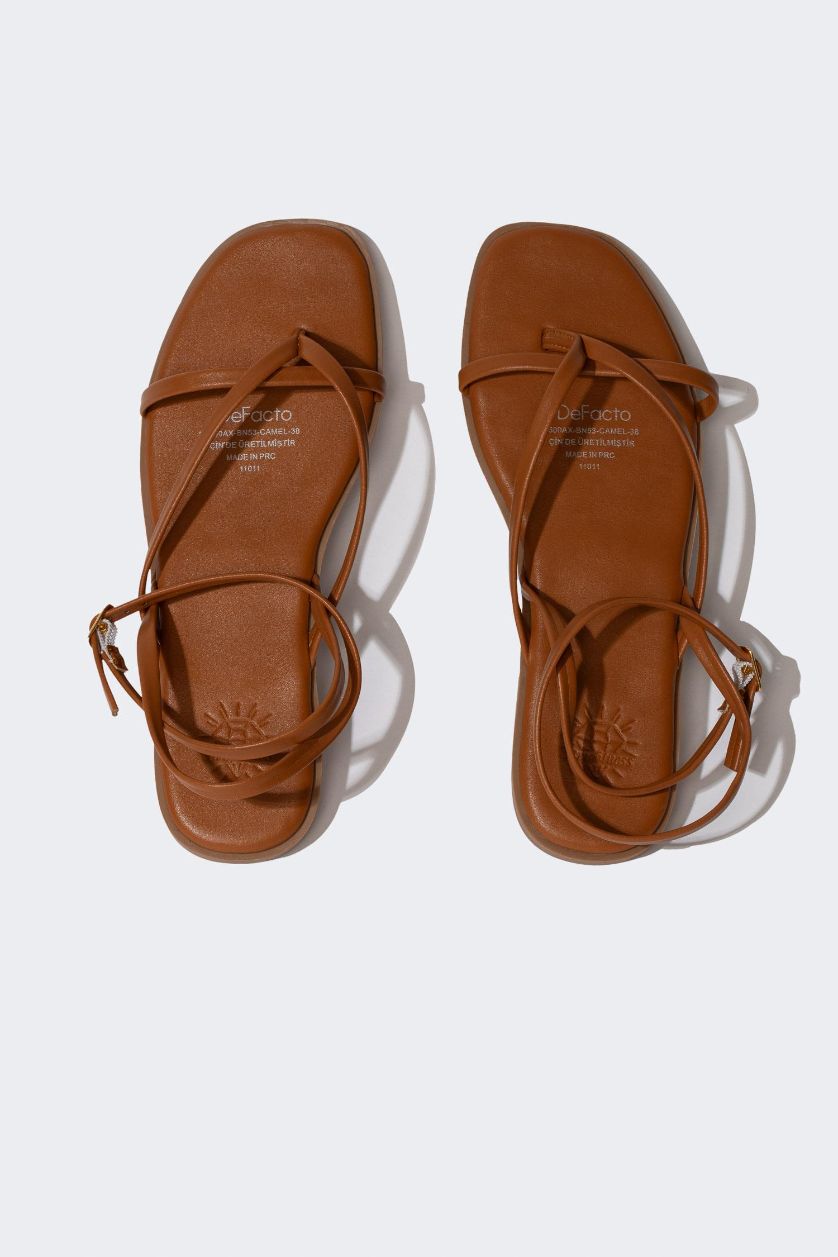 Woman Camel Woman Lace-up Flat Heel Sandals