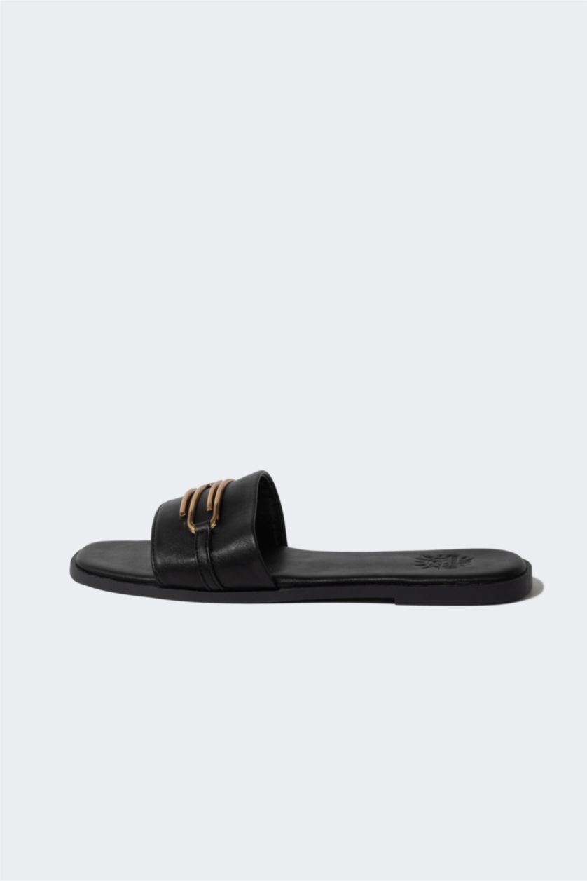 WOMAN Black Woman Flat Sole Single Strap Faux Leather Slippers