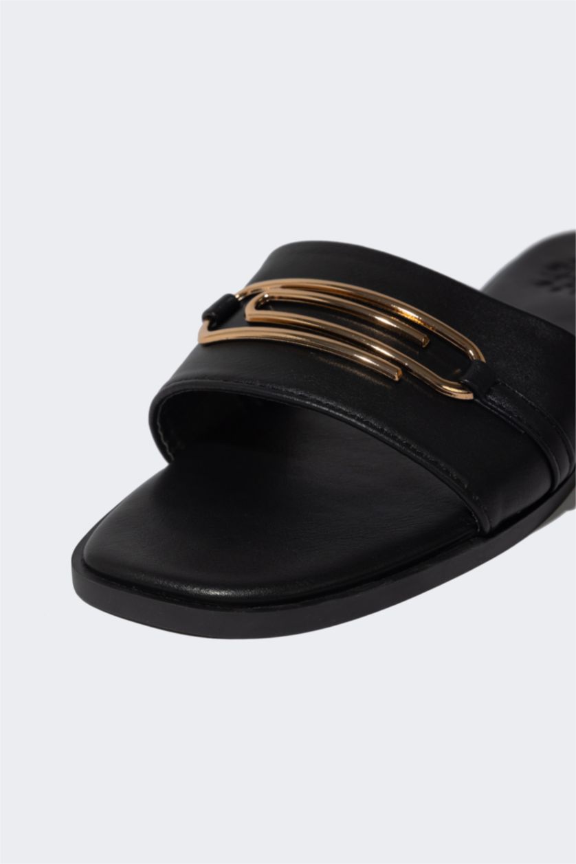 WOMAN Black Woman Flat Sole Single Strap Faux Leather Slippers