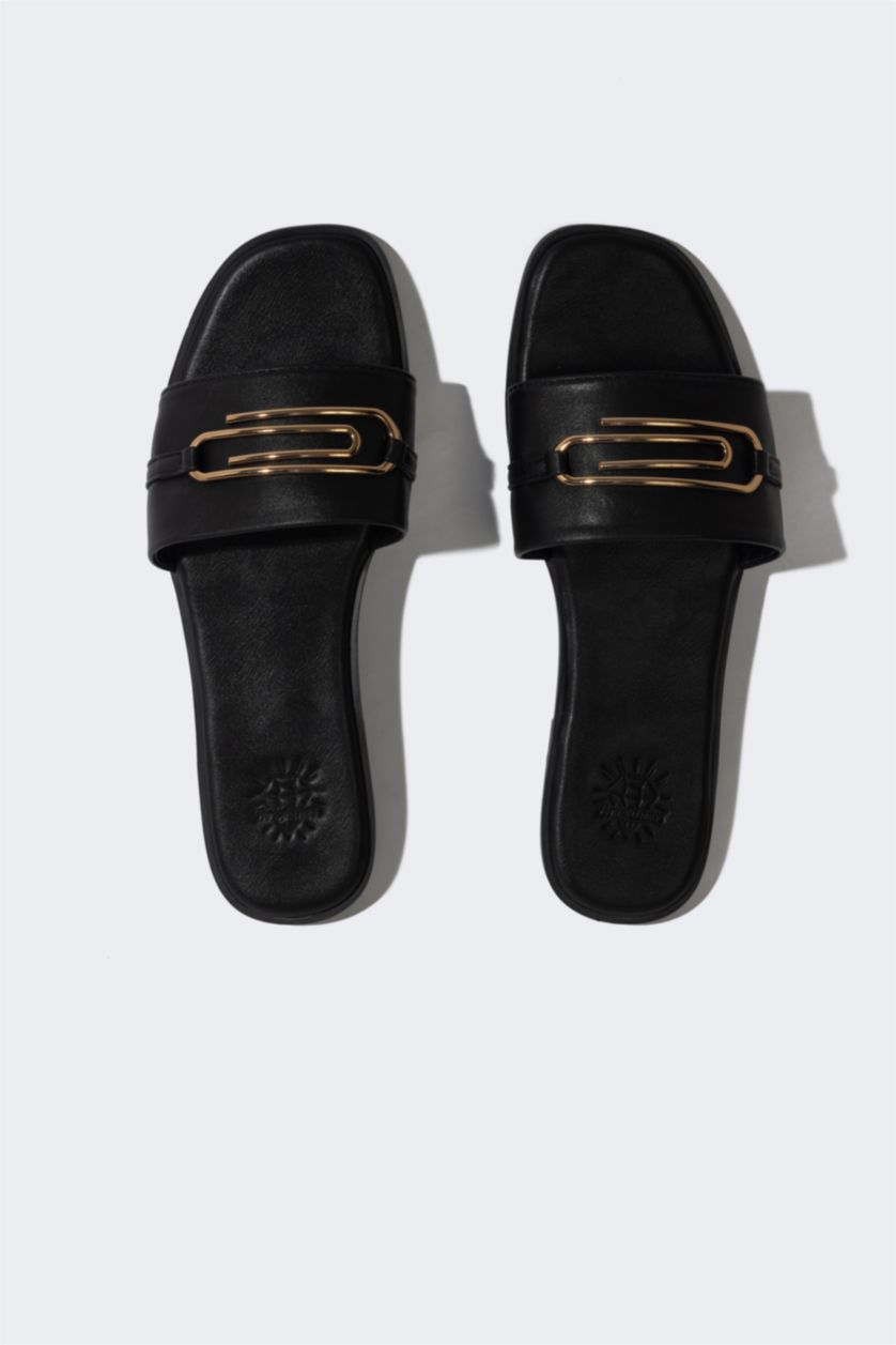 WOMAN Black Woman Flat Sole Single Strap Faux Leather Slippers