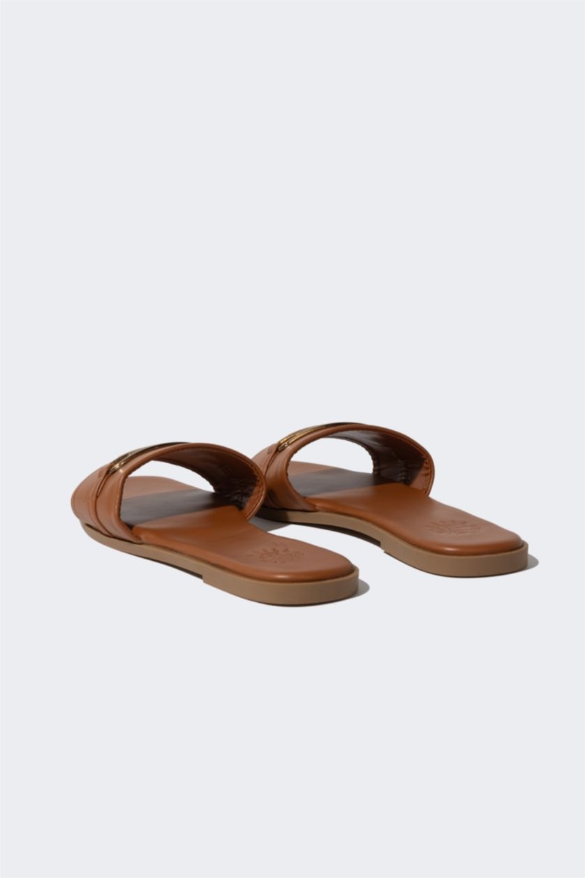 WOMAN Light Brown Woman Flat Sole Single Strap Faux Leather Slippers