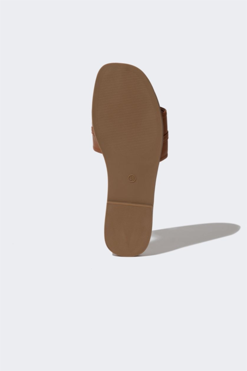 WOMAN Light Brown Woman Flat Sole Single Strap Faux Leather Slippers