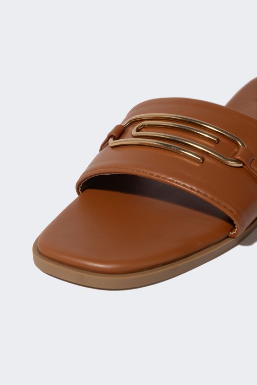 WOMAN Light Brown Woman Flat Sole Single Strap Faux Leather Slippers