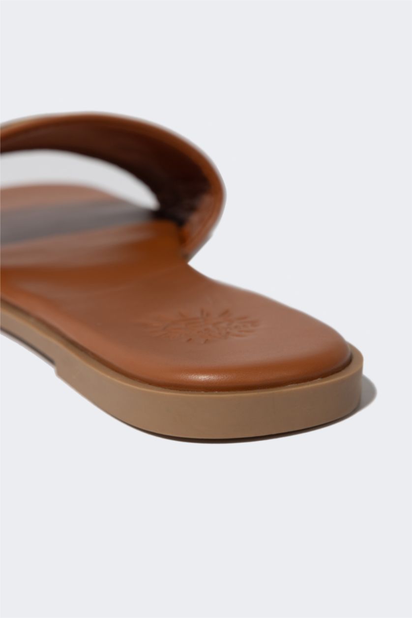 WOMAN Light Brown Woman Flat Sole Single Strap Faux Leather Slippers