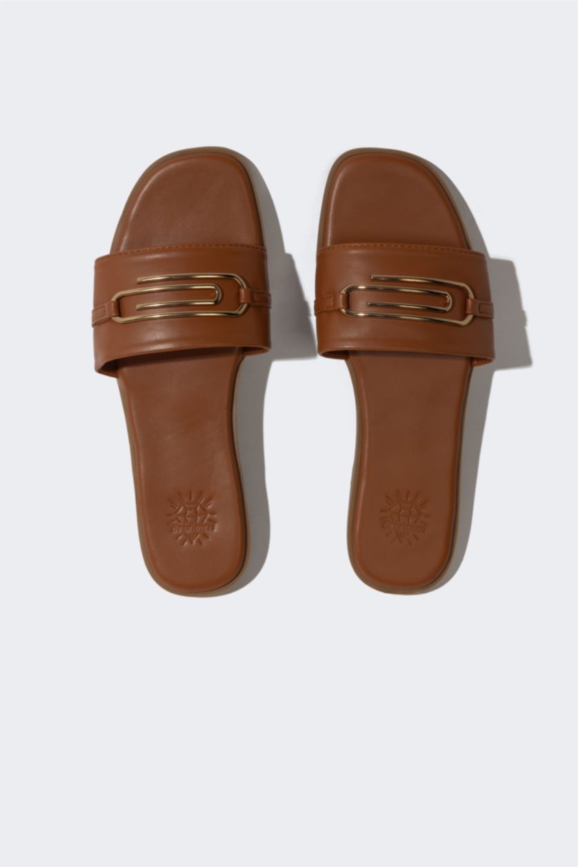 WOMAN Light Brown Woman Flat Sole Single Strap Faux Leather Slippers