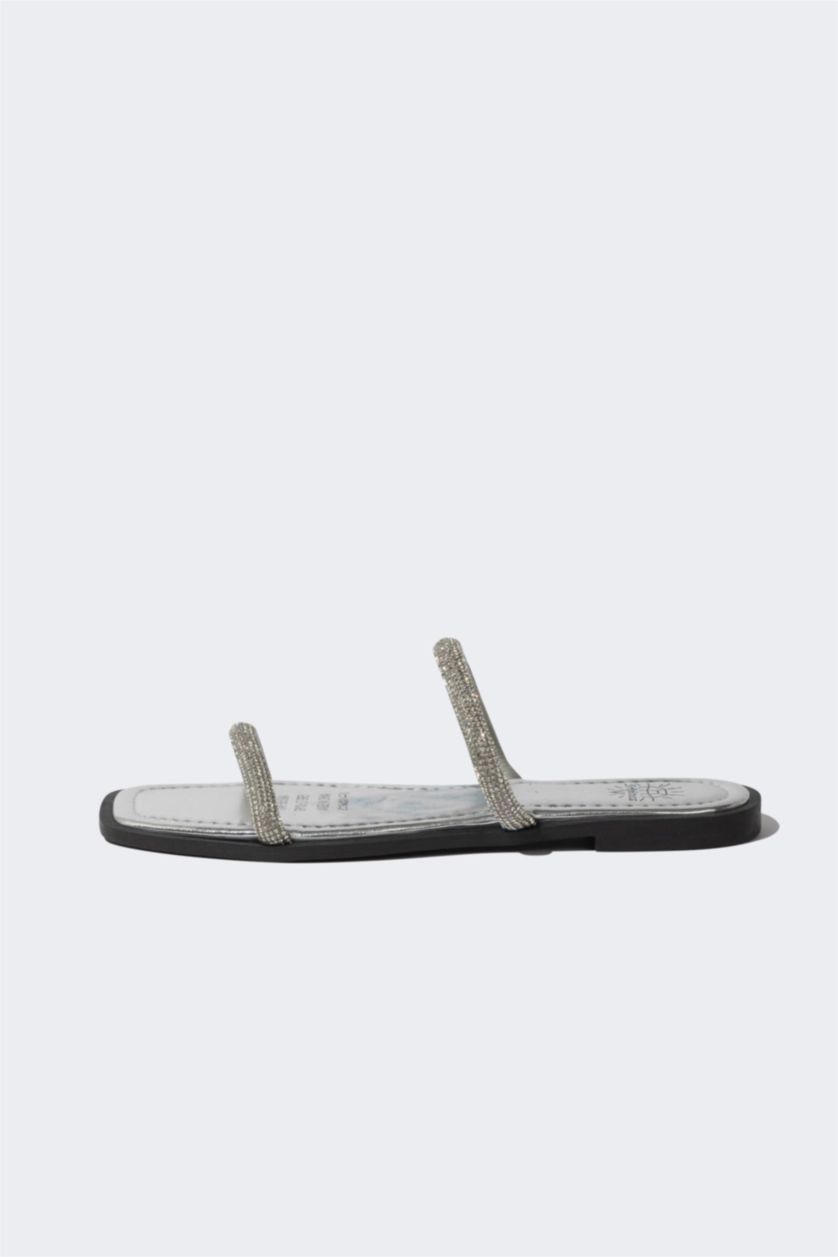 WOMAN Light Grey Woman Flat Sole Double Banded Faux Leather Slippers