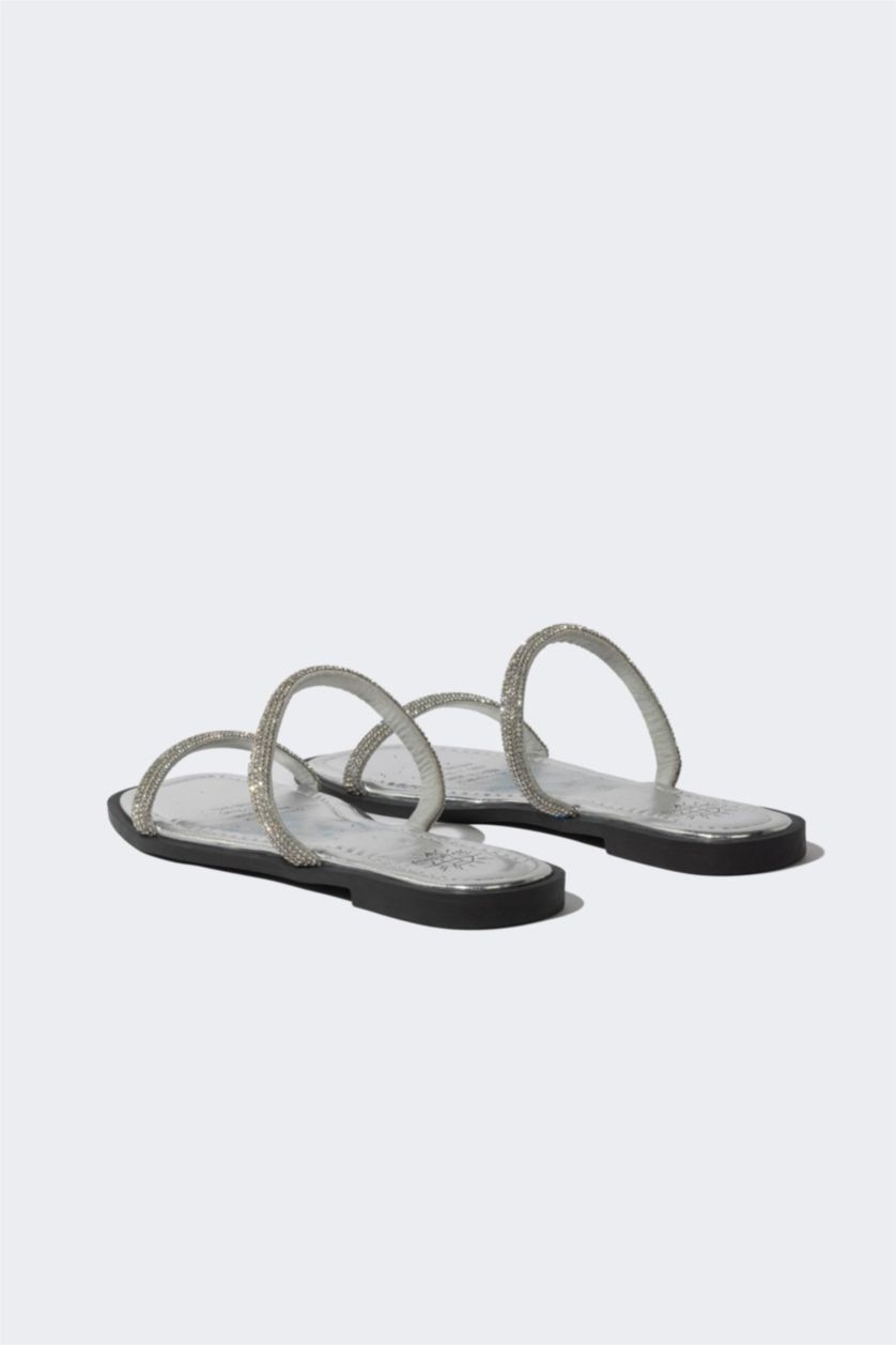 WOMAN Light Grey Woman Flat Sole Double Banded Faux Leather Slippers