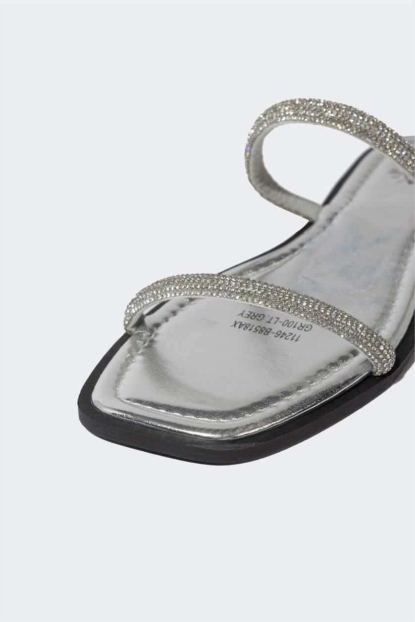 WOMAN Light Grey Woman Flat Sole Double Banded Faux Leather Slippers