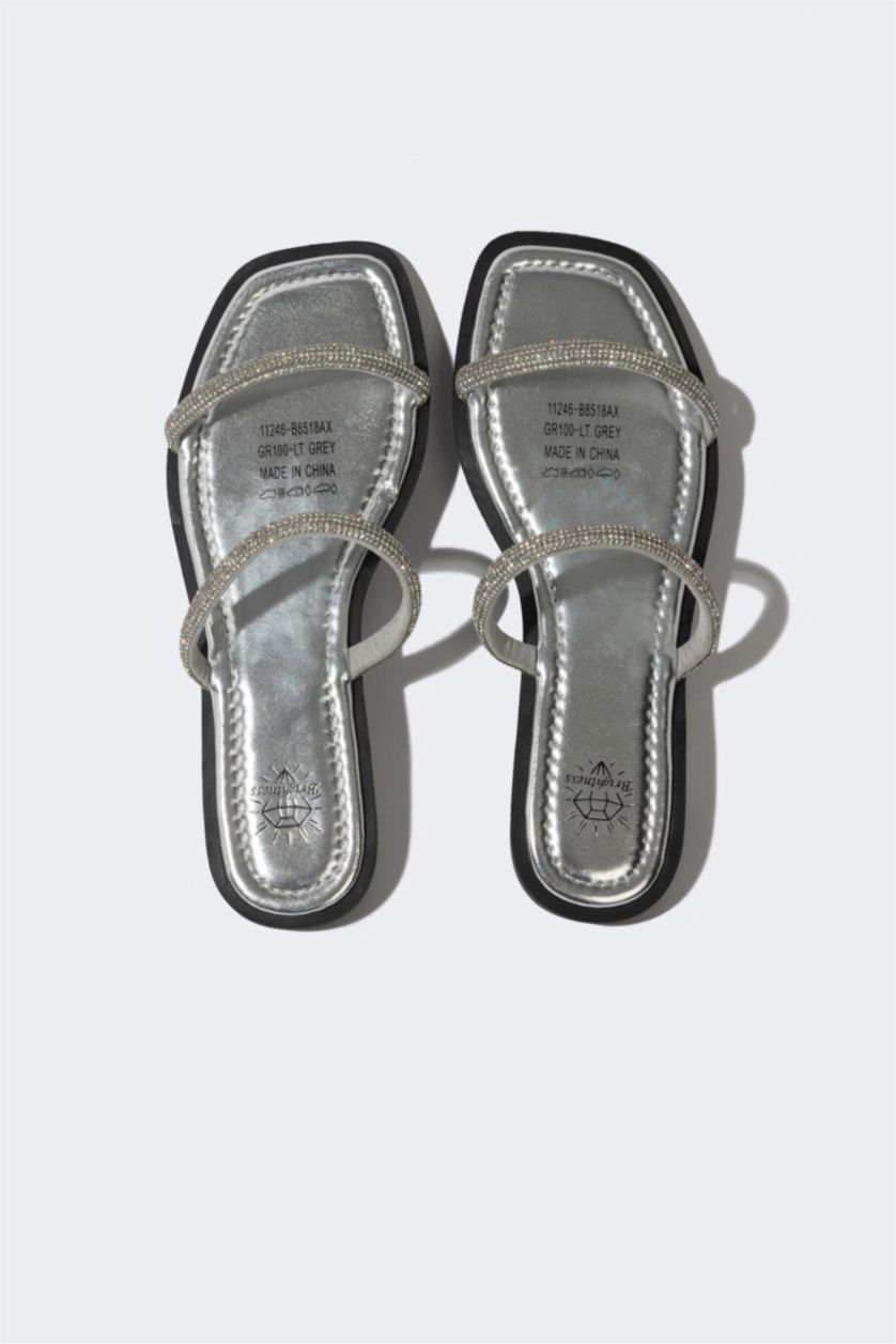 WOMAN Light Grey Woman Flat Sole Double Banded Faux Leather Slippers