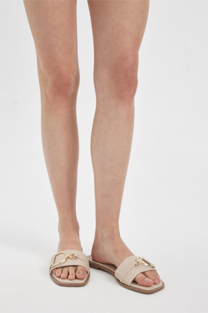 WOMAN Beige Woman Flat Sole Single Strap Faux Leather Slippers