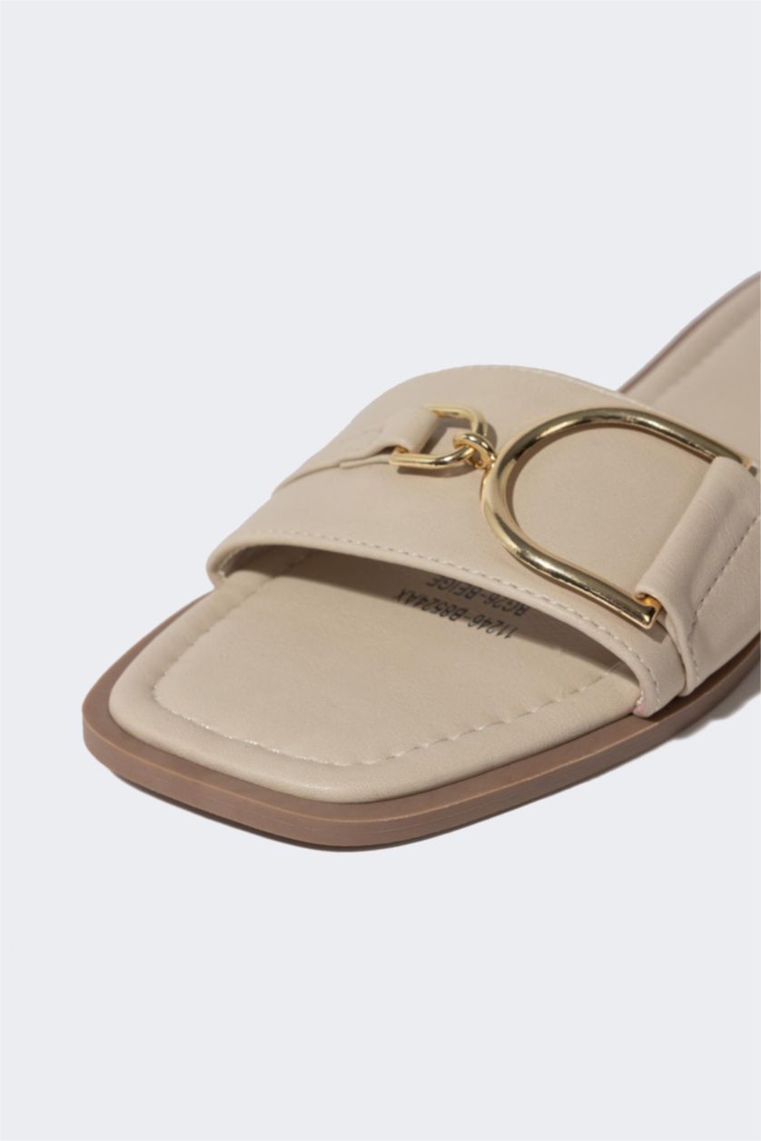 WOMAN Beige Woman Flat Sole Single Strap Faux Leather Slippers