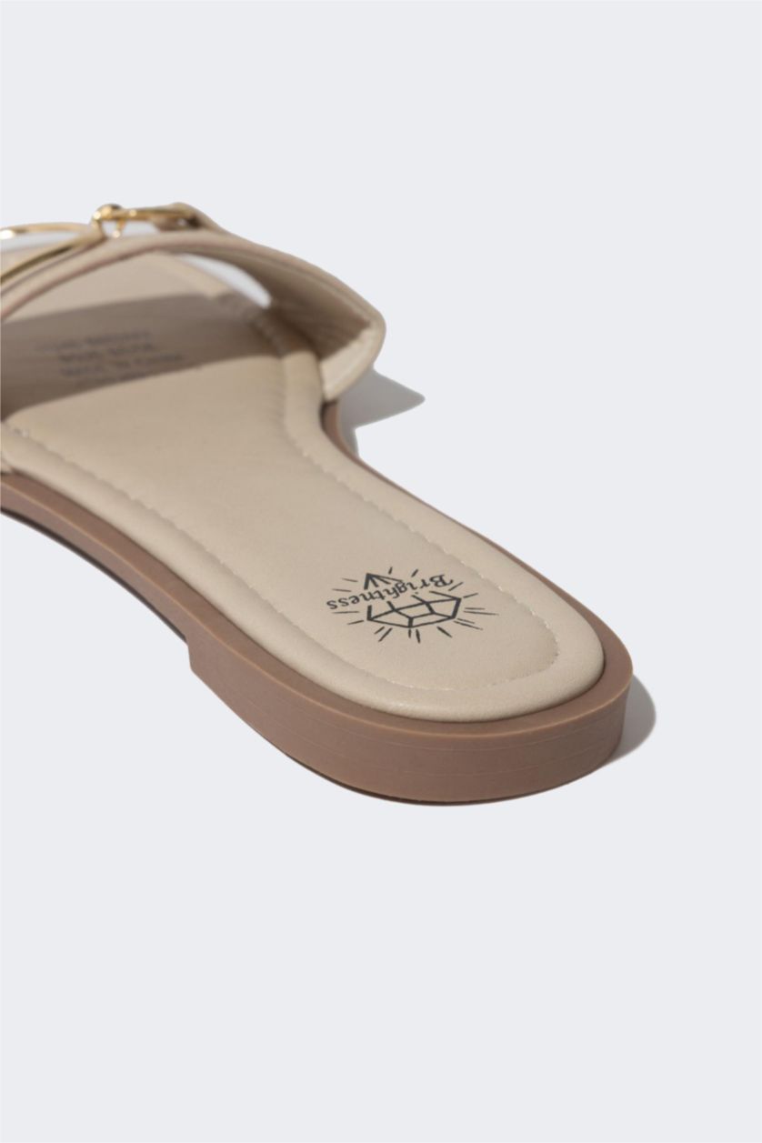 WOMAN Beige Woman Flat Sole Single Strap Faux Leather Slippers