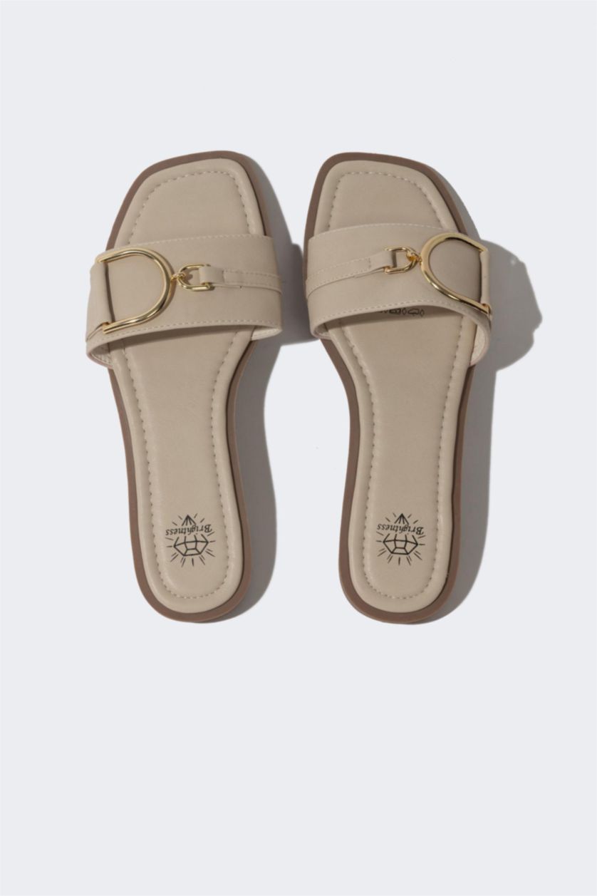 WOMAN Beige Woman Flat Sole Single Strap Faux Leather Slippers