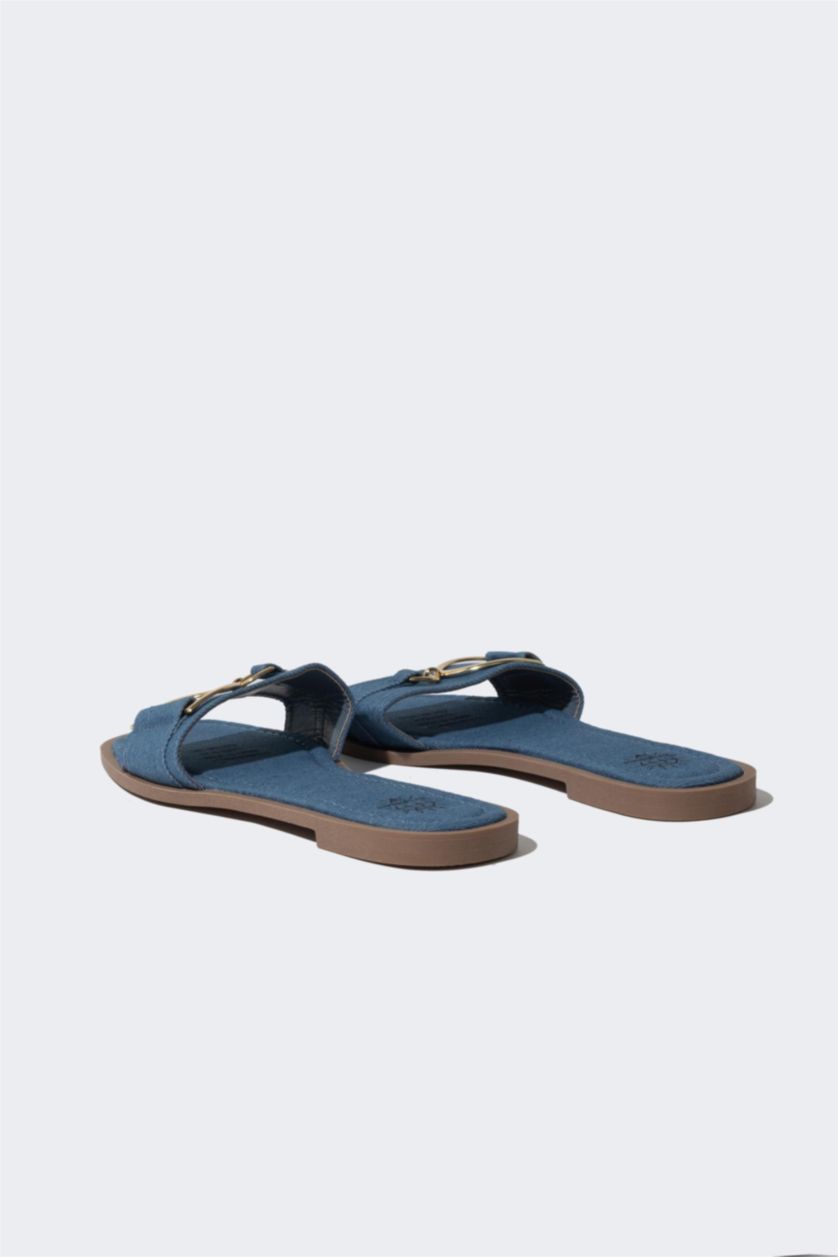 WOMAN NAVY Woman Flat Sole Single Strap Faux Leather Slippers