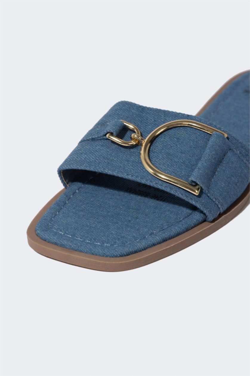 WOMAN NAVY Woman Flat Sole Single Strap Faux Leather Slippers