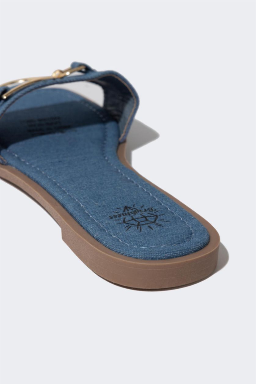 WOMAN NAVY Woman Flat Sole Single Strap Faux Leather Slippers