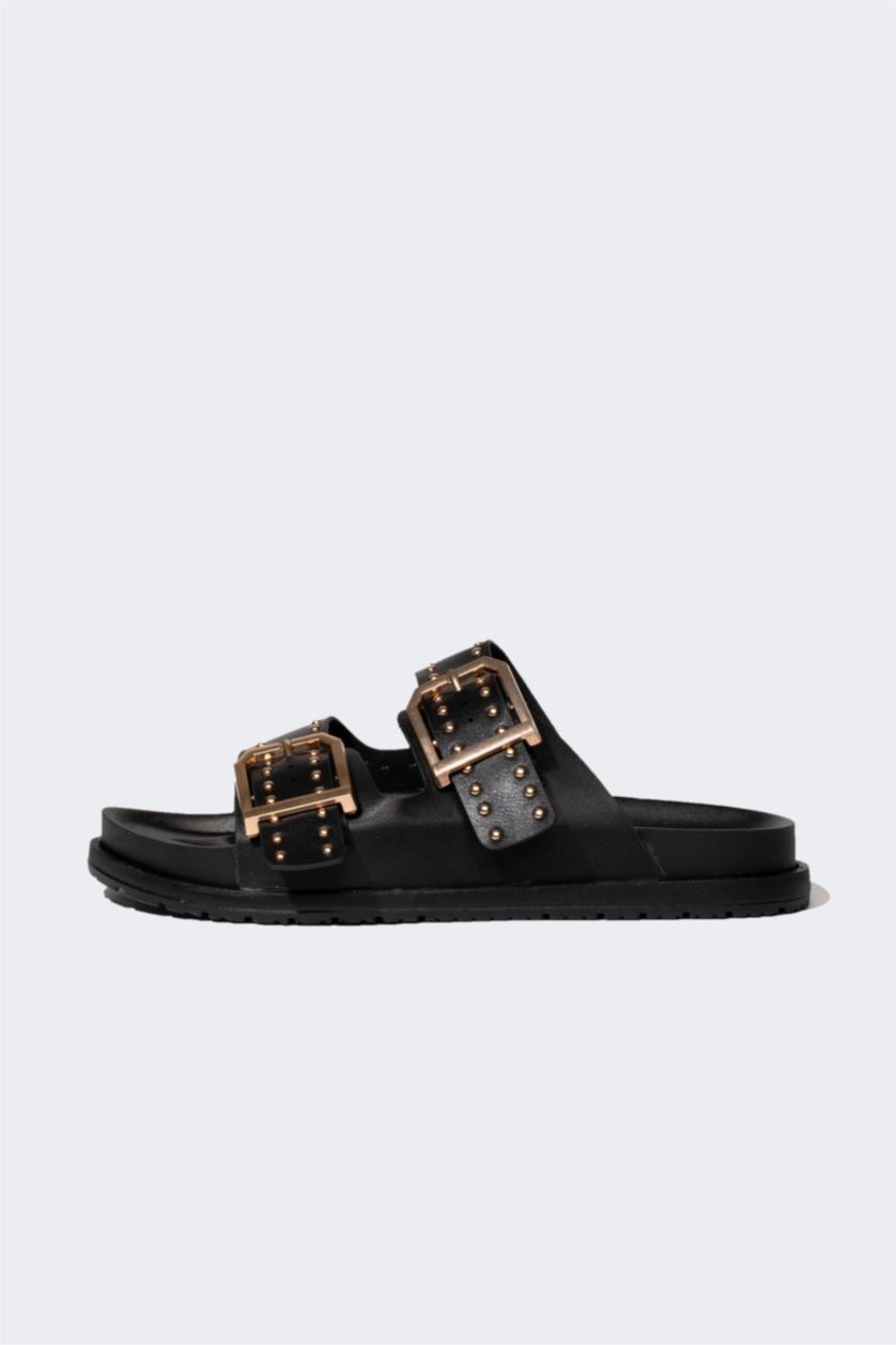 Kadın Siyah Kadın Kalın Taban Çift Bantlı Suni Deri Terlik