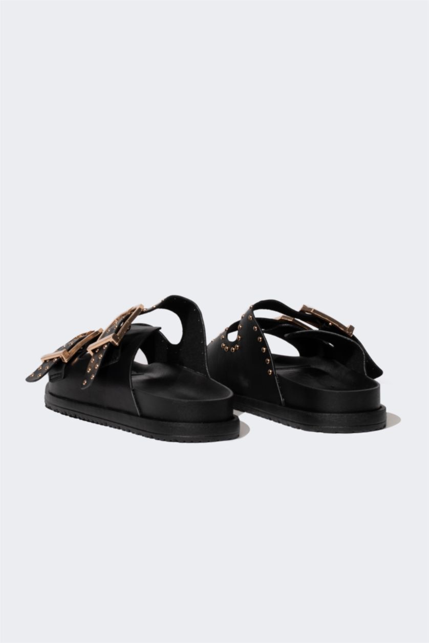 Kadın Siyah Kadın Kalın Taban Çift Bantlı Suni Deri Terlik