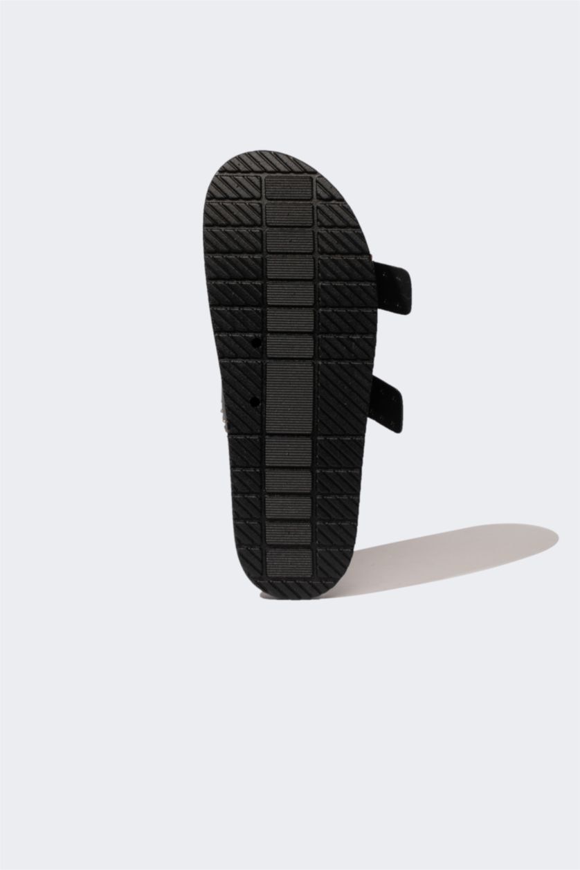 Kadın Siyah Kadın Kalın Taban Çift Bantlı Suni Deri Terlik