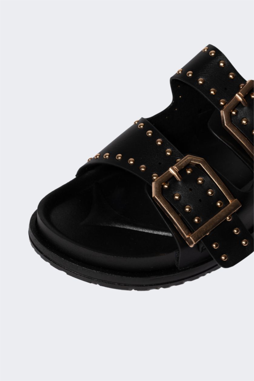 Kadın Siyah Kadın Kalın Taban Çift Bantlı Suni Deri Terlik