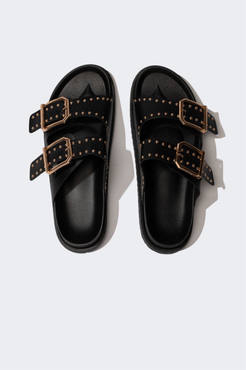 Kadın Siyah Kadın Kalın Taban Çift Bantlı Suni Deri Terlik