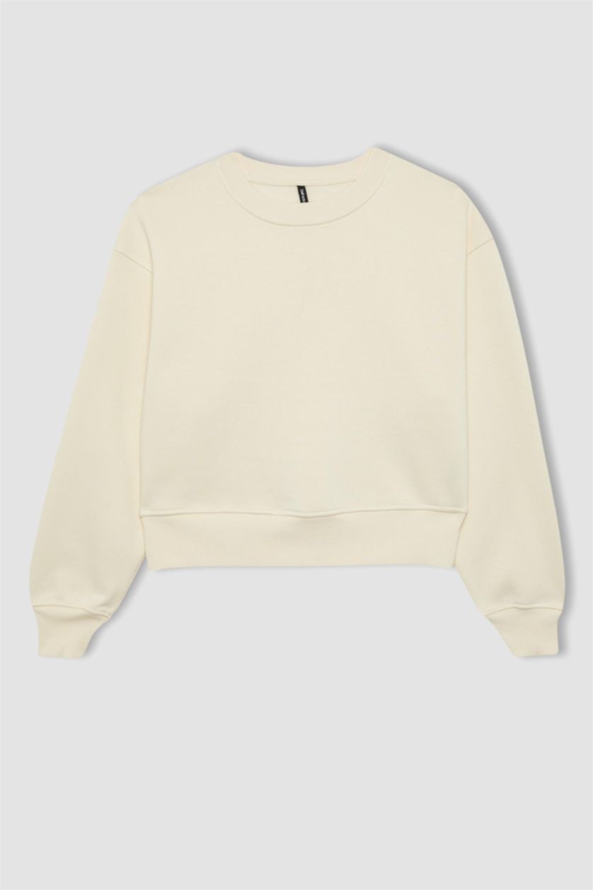 حريمي اللون الرملي سويت شيرت بيزك تقيل بطبعة شعار قصة مريحة