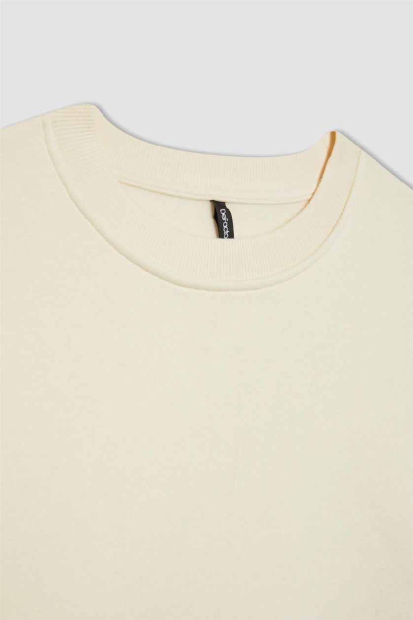 حريمي اللون الرملي سويت شيرت بيزك تقيل بطبعة شعار قصة مريحة