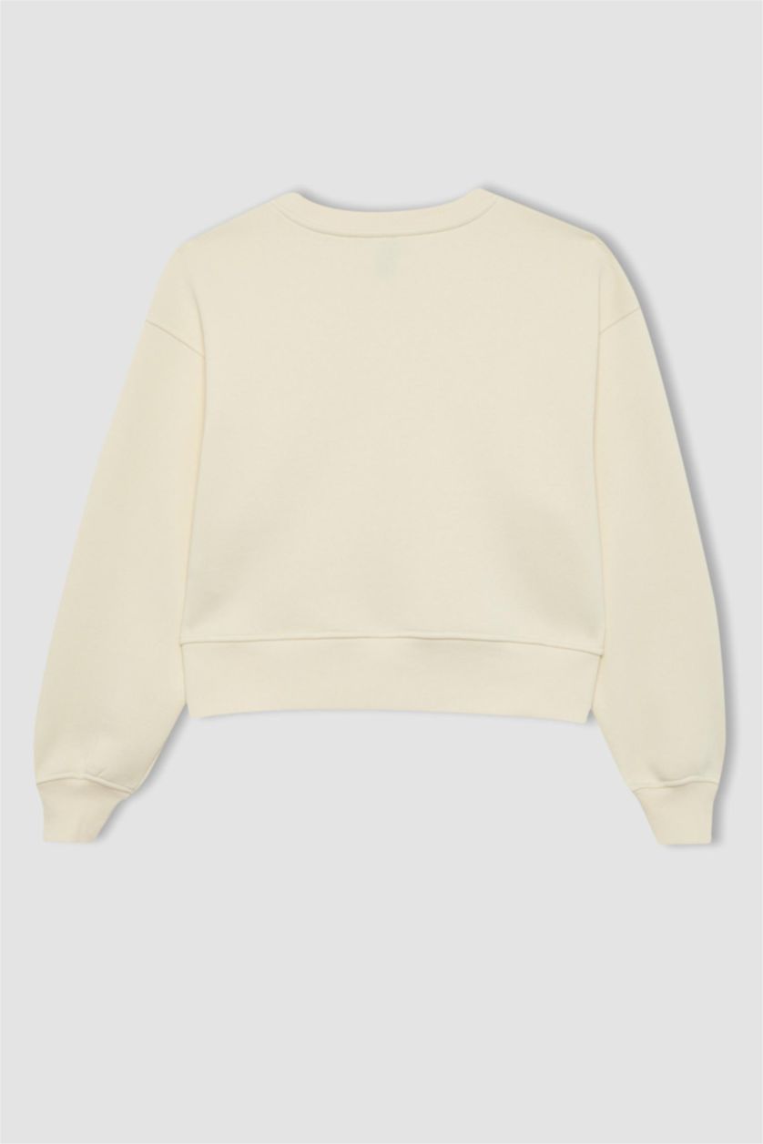 حريمي اللون الرملي سويت شيرت بيزك تقيل بطبعة شعار قصة مريحة