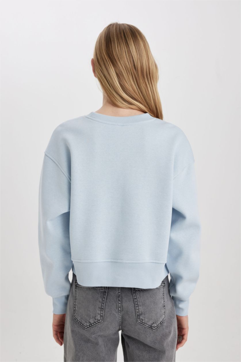 Kadın Açık Mavi Relax Fit Bisiklet Yaka Kalın Basic Düz Sweatshirt