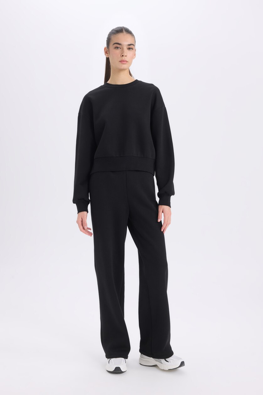 نساء أسود Boxy Fit Crew Neck Thick Basic Sweatshirt