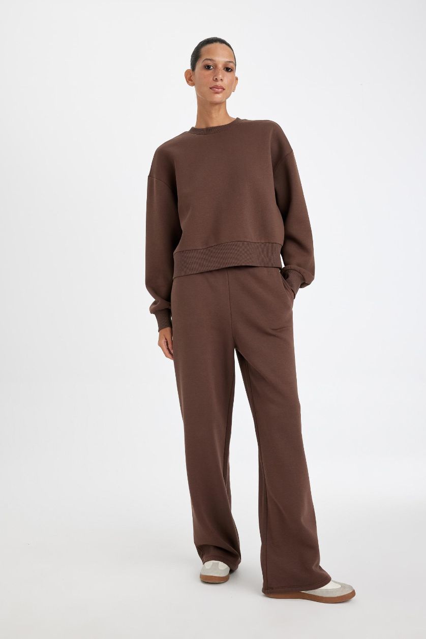 Kadın Kahve Boxy Fit Bisiklet Yaka Kalın Basic Düz Sweatshirt