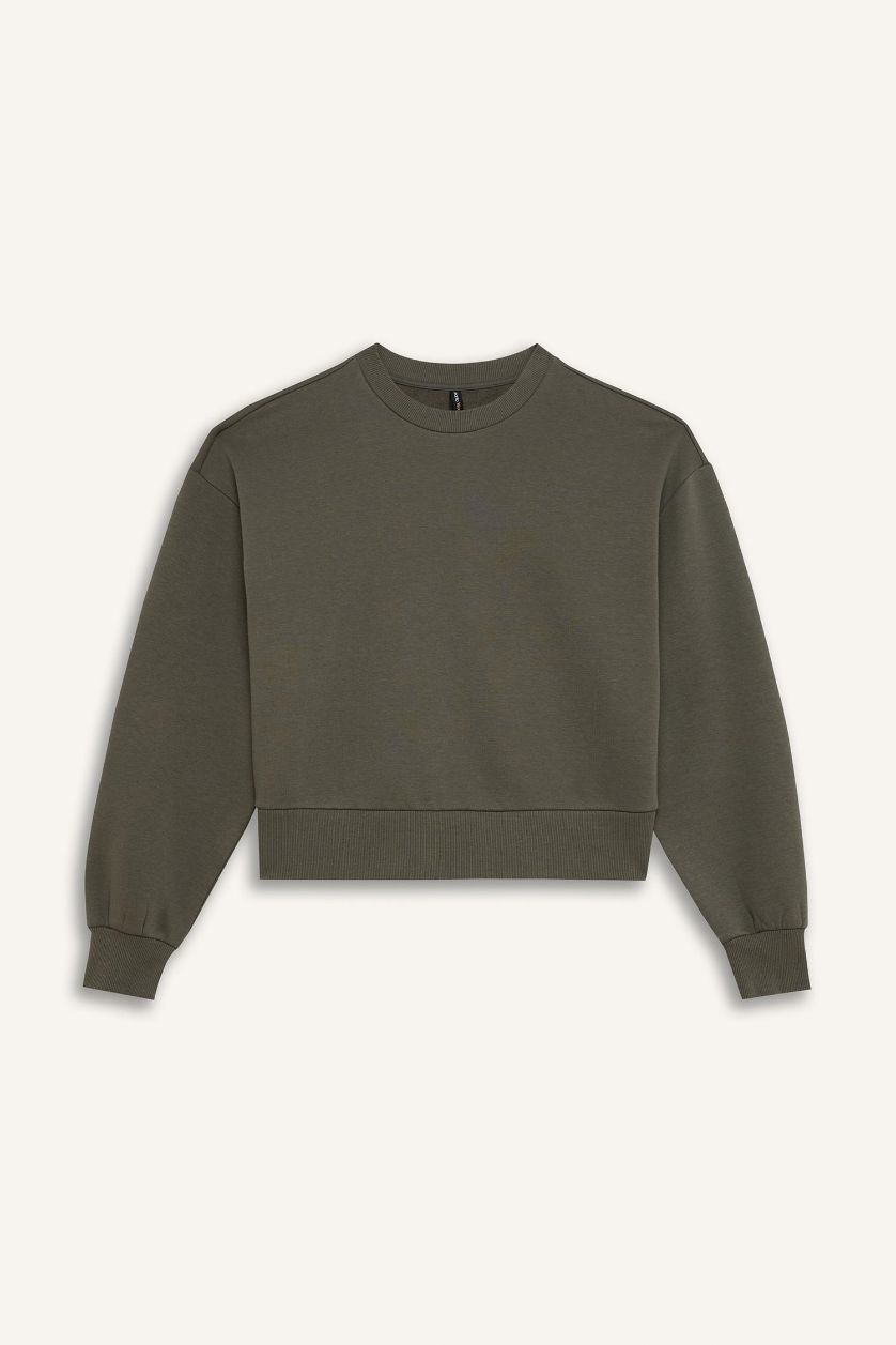 Kadın Açık Haki Boxy Fit Bisiklet Yaka Kalın Basic Düz Sweatshirt