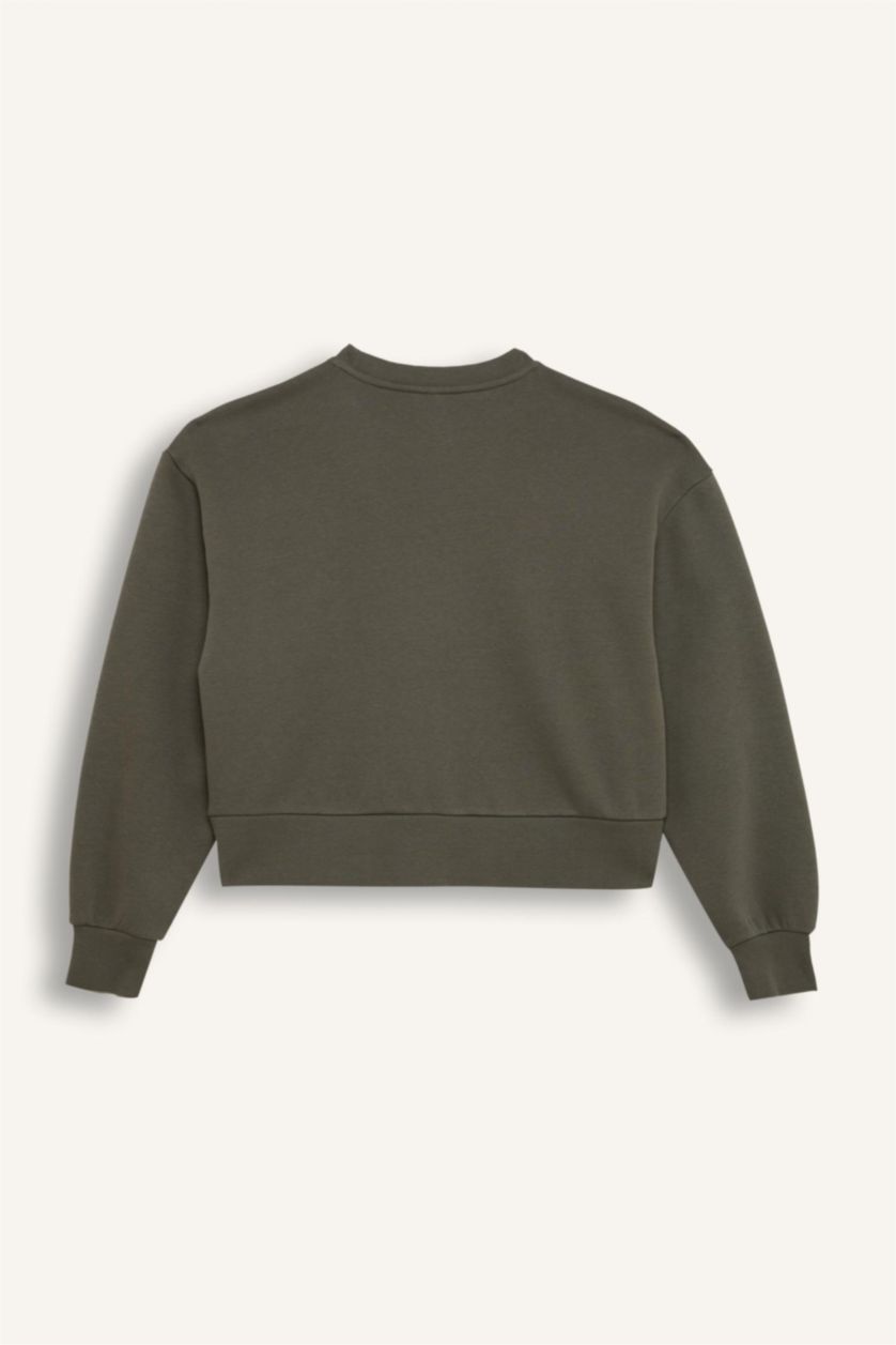 Kadın Açık Haki Boxy Fit Bisiklet Yaka Kalın Basic Düz Sweatshirt