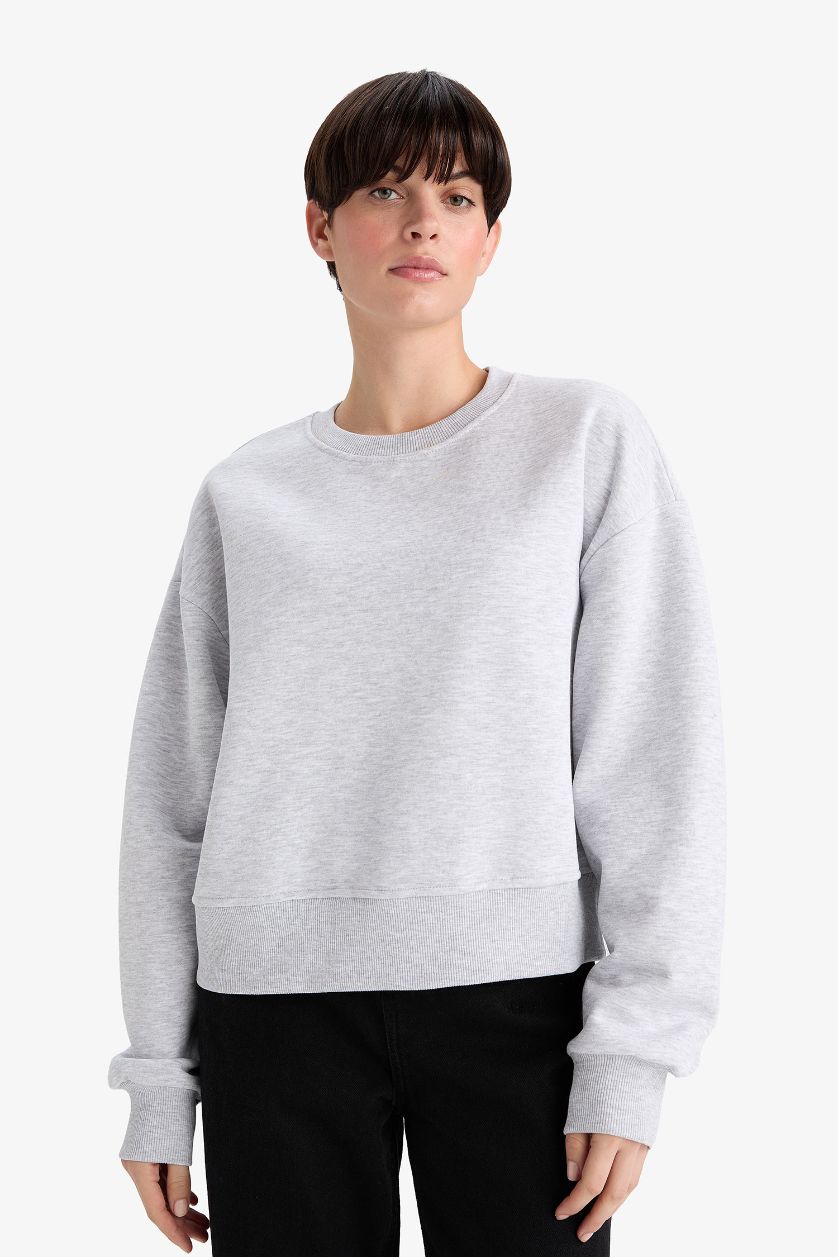 Kadın Gri Melanj Boxy Fit Bisiklet Yaka Basic Düz Sweatshirt