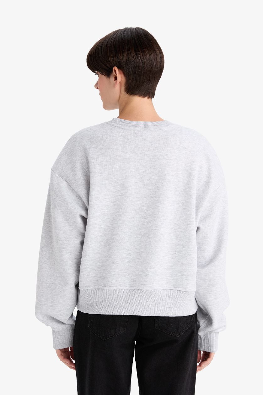 Kadın Gri Melanj Boxy Fit Bisiklet Yaka Basic Düz Sweatshirt