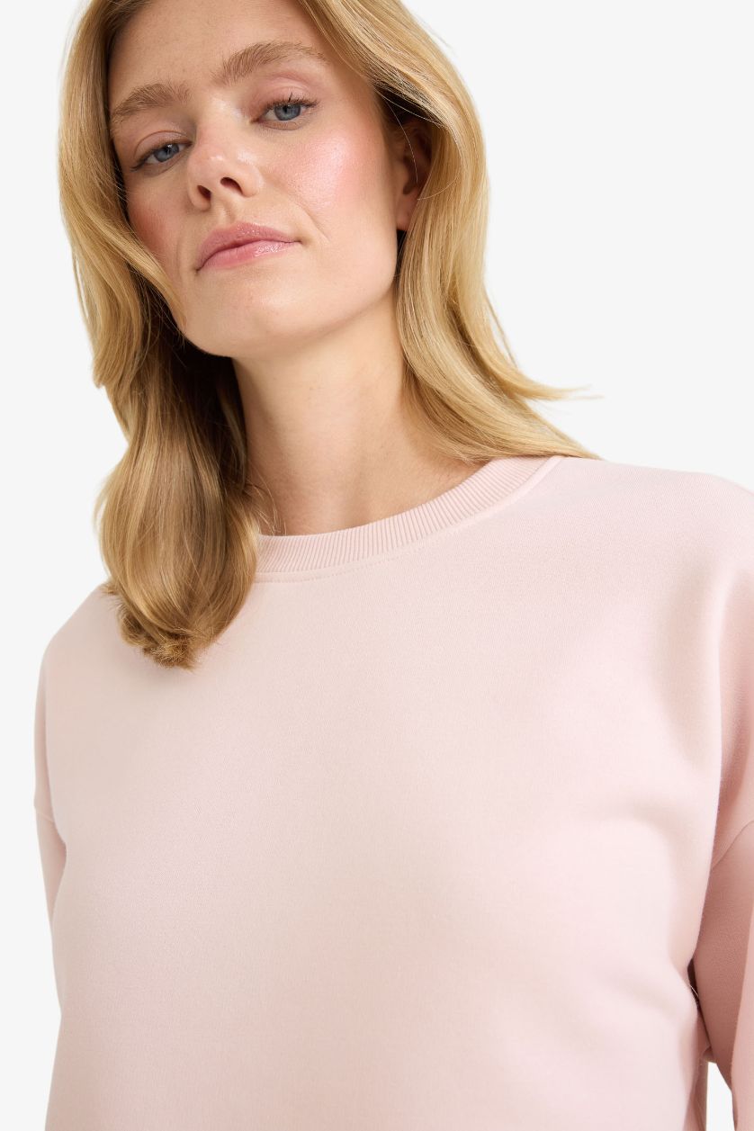 Woman Light Pink Boxy Fit Crew Neck Basic Sweatshirt