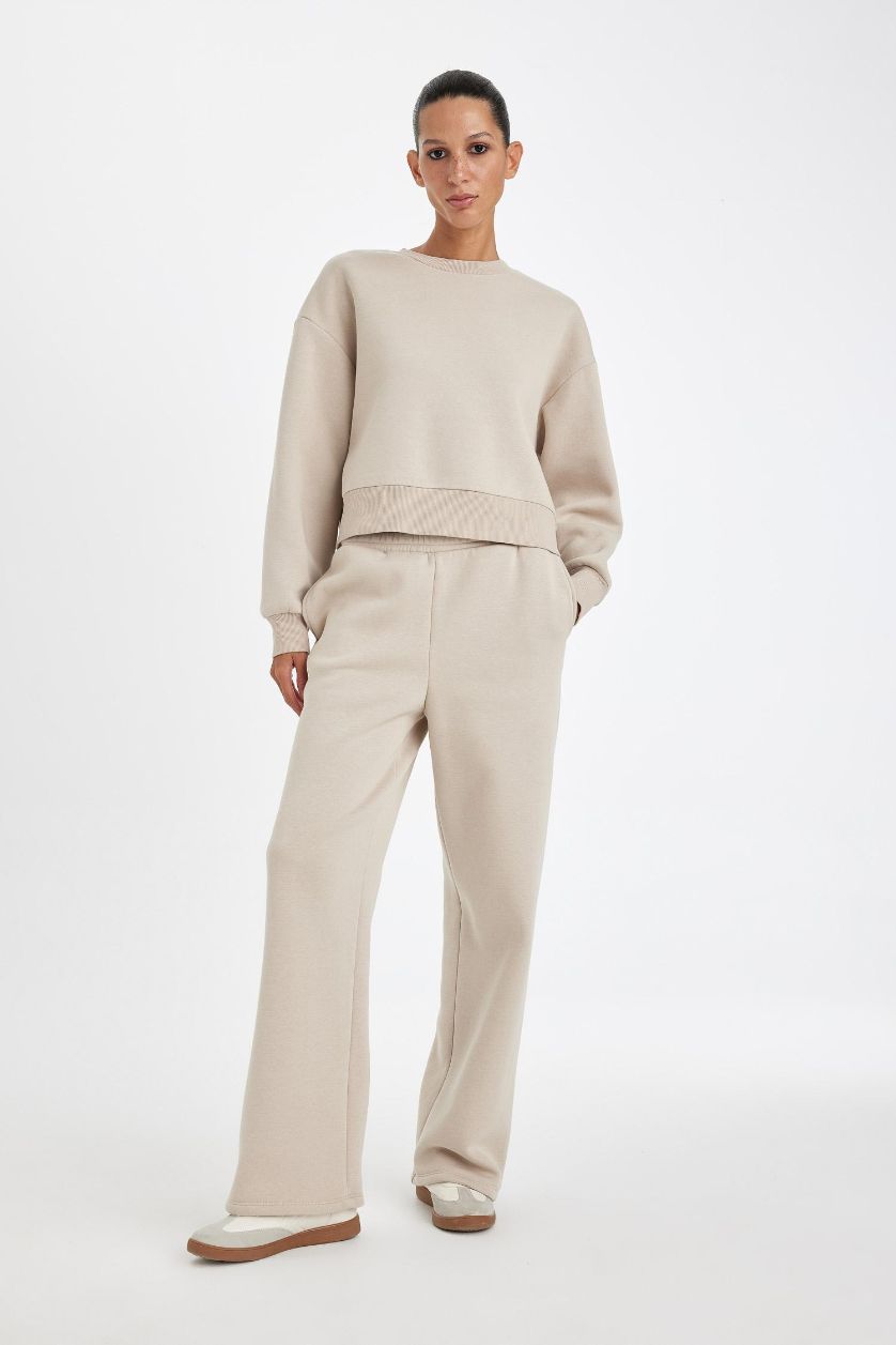 Kadın Kum Straight Fit Beli Lastikli Eşofman Altı Yüksek Bel Cepli Kalın Basic Düz